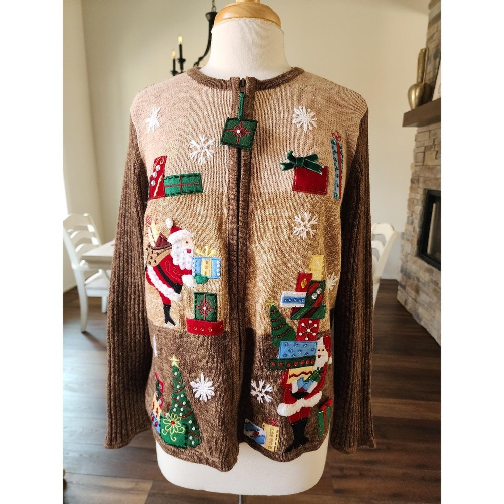 VTG Tiara International Christmas Ugly Sweater Women's Large Zip Up Santa Gifts‎